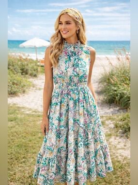 First Love Teal, Pink & Yellow Floral Maxi Dress with Ruffled Neck